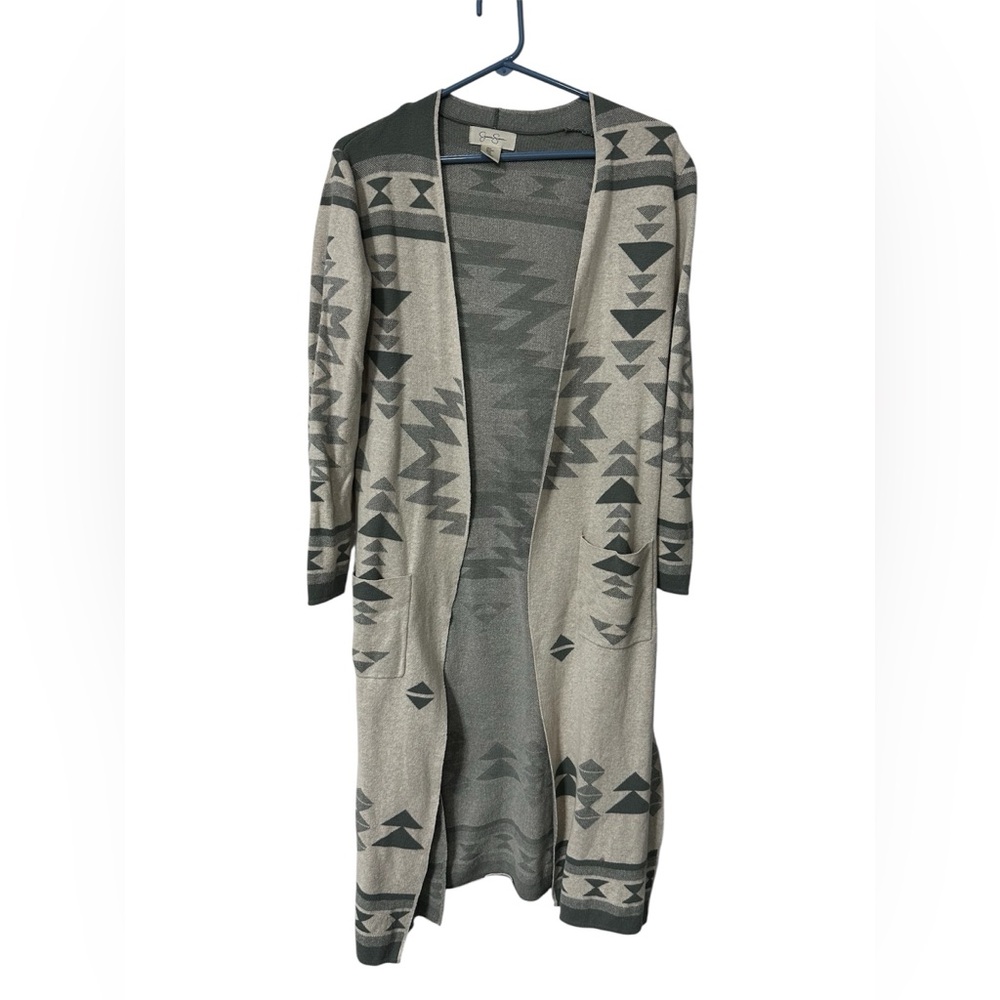 Jessica Simpson Long Aztec Open-Front Duster Green and Cream